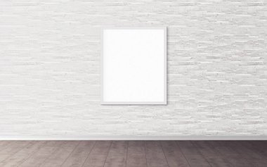 Duvarında beyaz çerçeve olan beyaz boş poster. Tasarım önizlemeniz için boş maket. Sunum için iyi kullanım.