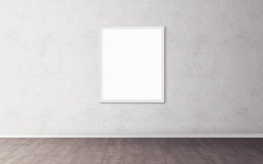 Duvarında beyaz çerçeve olan beyaz boş poster. Tasarım önizlemeniz için boş maket. Sunum için iyi kullanım.
