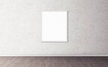 Duvarında beyaz çerçeve olan beyaz boş poster. Tasarım önizlemeniz için boş maket. Sunum için iyi kullanım.