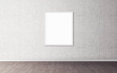 Duvarında beyaz çerçeve olan beyaz boş poster. Tasarım önizlemeniz için boş maket. Sunum için iyi kullanım.