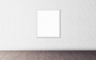 Duvarında beyaz çerçeve olan beyaz boş poster. Tasarım önizlemeniz için boş maket. Sunum için iyi kullanım.