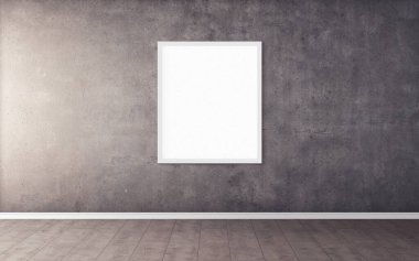 Duvarında beyaz çerçeve olan beyaz boş poster. Tasarım önizlemeniz için boş maket. Sunum için iyi kullanım.