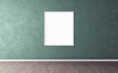 Duvarında beyaz çerçeve olan beyaz boş poster. Tasarım önizlemeniz için boş maket. Sunum için iyi kullanım.