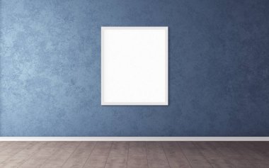 Duvarında beyaz çerçeve olan beyaz boş poster. Tasarım önizlemeniz için boş maket. Sunum için iyi kullanım.
