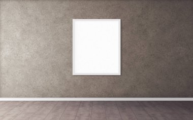 Duvarında beyaz çerçeve olan beyaz boş poster. Tasarım önizlemeniz için boş maket. Sunum için iyi kullanım.