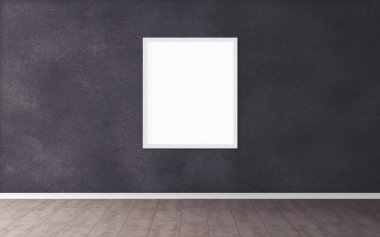 Duvarında beyaz çerçeve olan beyaz boş poster. Tasarım önizlemeniz için boş maket. Sunum için iyi kullanım.