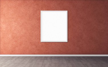 Duvarında beyaz çerçeve olan beyaz boş poster. Tasarım önizlemeniz için boş maket. Sunum için iyi kullanım.