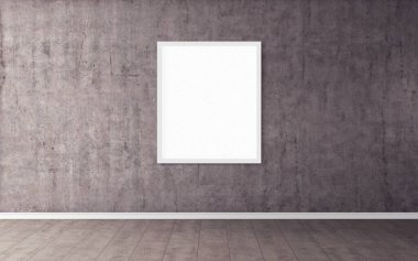 Duvarında beyaz çerçeve olan beyaz boş poster. Tasarım önizlemeniz için boş maket. Sunum için iyi kullanım.