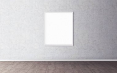 Duvarında beyaz çerçeve olan beyaz boş poster. Tasarım önizlemeniz için boş maket. Sunum için iyi kullanım.