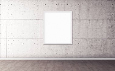 Duvarında beyaz çerçeve olan beyaz boş poster. Tasarım önizlemeniz için boş maket. Sunum için iyi kullanım.