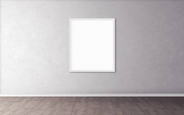 Duvarında beyaz çerçeve olan beyaz boş poster. Tasarım önizlemeniz için boş maket. Sunum için iyi kullanım.