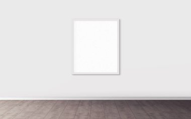 Duvarında beyaz çerçeve olan beyaz boş poster. Tasarım önizlemeniz için boş maket. Sunum için iyi kullanım.