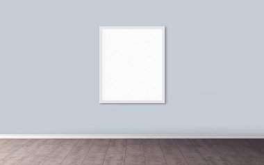 Duvarında beyaz çerçeve olan beyaz boş poster. Tasarım önizlemeniz için boş maket. Sunum için iyi kullanım.