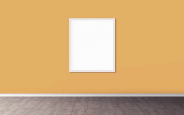 Duvarında beyaz çerçeve olan beyaz boş poster. Tasarım önizlemeniz için boş maket. Sunum için iyi kullanım.