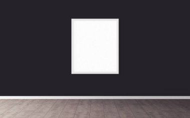 Duvarında beyaz çerçeve olan beyaz boş poster. Tasarım önizlemeniz için boş maket. Sunum için iyi kullanım.
