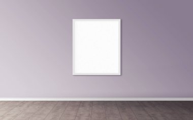 Duvarında beyaz çerçeve olan beyaz boş poster. Tasarım önizlemeniz için boş maket. Sunum için iyi kullanım.