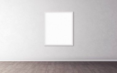 Duvarında beyaz çerçeve olan beyaz boş poster. Tasarım önizlemeniz için boş maket. Sunum için iyi kullanım.