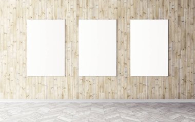 Duvardaki boş beyaz tuvaller. Tasarım önizlemeniz için bir model. Reklam malzemeleri için iyi bir kullanım.