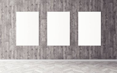 Duvardaki boş beyaz tuvaller. Tasarım önizlemeniz için bir model. Reklam malzemeleri için iyi bir kullanım.