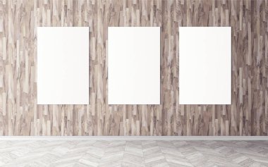 Duvardaki boş beyaz tuvaller. Tasarım önizlemeniz için bir model. Reklam malzemeleri için iyi bir kullanım.