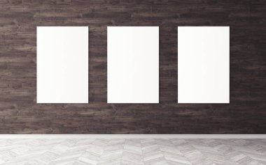 Duvardaki boş beyaz tuvaller. Tasarım önizlemeniz için bir model. Reklam malzemeleri için iyi bir kullanım.