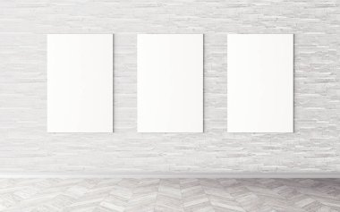 Duvardaki boş beyaz tuvaller. Tasarım önizlemeniz için bir model. Reklam malzemeleri için iyi bir kullanım.
