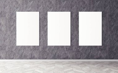 Duvardaki boş beyaz tuvaller. Tasarım önizlemeniz için bir model. Reklam malzemeleri için iyi bir kullanım.