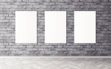 Duvardaki boş beyaz tuvaller. Tasarım önizlemeniz için bir model. Reklam malzemeleri için iyi bir kullanım.