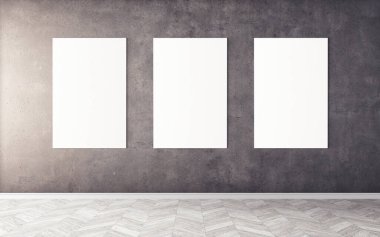 Duvardaki boş beyaz tuvaller. Tasarım önizlemeniz için bir model. Reklam malzemeleri için iyi bir kullanım.