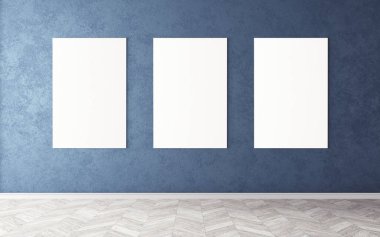 Duvardaki boş beyaz tuvaller. Tasarım önizlemeniz için bir model. Reklam malzemeleri için iyi bir kullanım.