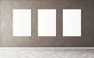 Duvardaki boş beyaz tuvaller. Tasarım önizlemeniz için bir model. Reklam malzemeleri için iyi bir kullanım.