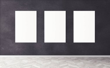 Duvardaki boş beyaz tuvaller. Tasarım önizlemeniz için bir model. Reklam malzemeleri için iyi bir kullanım.