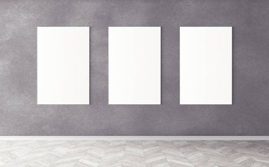 Duvardaki boş beyaz tuvaller. Tasarım önizlemeniz için bir model. Reklam malzemeleri için iyi bir kullanım.