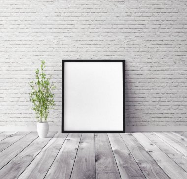 Üzerinde çerçeve olan beyaz boş poster. Tasarım önizlemesi için model şablonu.