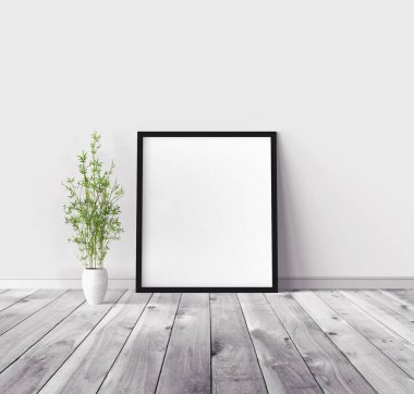 Üzerinde çerçeve olan beyaz boş poster. Tasarım önizlemesi için model şablonu.