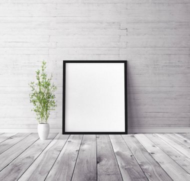 Üzerinde çerçeve olan beyaz boş poster. Tasarım önizlemesi için model şablonu.