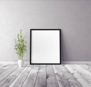 Üzerinde çerçeve olan beyaz boş poster. Tasarım önizlemesi için model şablonu.