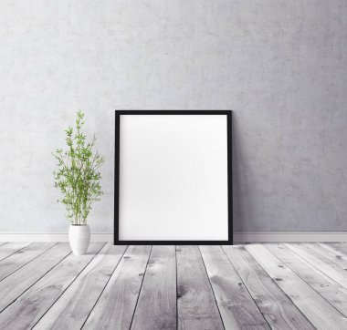 Üzerinde çerçeve olan beyaz boş poster. Tasarım önizlemesi için model şablonu.