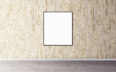 Duvarında ince çerçeve olan beyaz boş poster. Tasarım önizlemeniz için boş maket. Sunum için iyi kullanım.