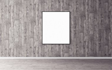 Duvarında ince çerçeve olan beyaz boş poster. Tasarım önizlemeniz için boş maket. Sunum için iyi kullanım.