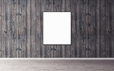Duvarında ince çerçeve olan beyaz boş poster. Tasarım önizlemeniz için boş maket. Sunum için iyi kullanım.