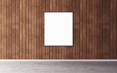 Duvarında ince çerçeve olan beyaz boş poster. Tasarım önizlemeniz için boş maket. Sunum için iyi kullanım.