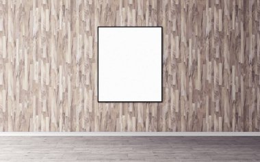 Duvarında ince çerçeve olan beyaz boş poster. Tasarım önizlemeniz için boş maket. Sunum için iyi kullanım.