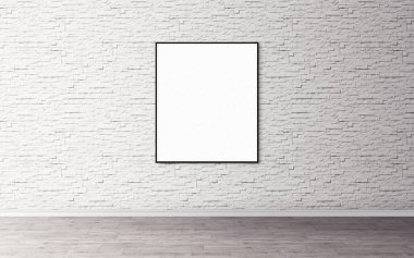 Duvarında ince çerçeve olan beyaz boş poster. Tasarım önizlemeniz için boş maket. Sunum için iyi kullanım.