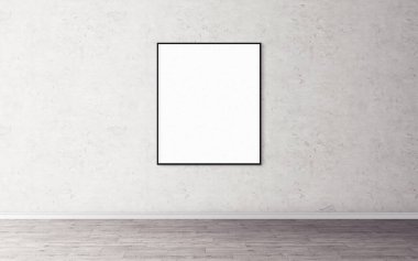Duvarında ince çerçeve olan beyaz boş poster. Tasarım önizlemeniz için boş maket. Sunum için iyi kullanım.