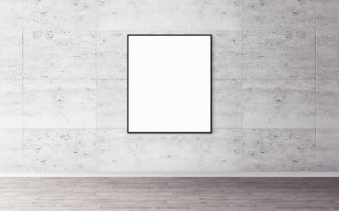 Duvarında ince çerçeve olan beyaz boş poster. Tasarım önizlemeniz için boş maket. Sunum için iyi kullanım.
