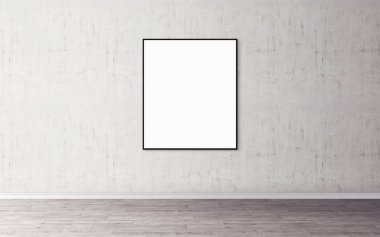 Duvarında ince çerçeve olan beyaz boş poster. Tasarım önizlemeniz için boş maket. Sunum için iyi kullanım.
