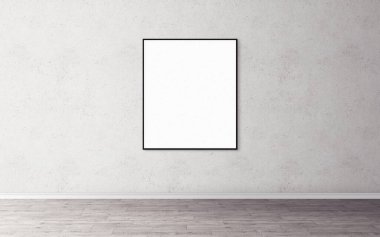 Duvarında ince çerçeve olan beyaz boş poster. Tasarım önizlemeniz için boş maket. Sunum için iyi kullanım.