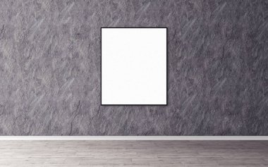 Duvarında ince çerçeve olan beyaz boş poster. Tasarım önizlemeniz için boş maket. Sunum için iyi kullanım.