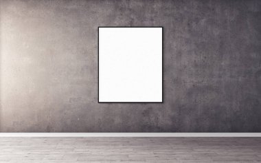Duvarında ince çerçeve olan beyaz boş poster. Tasarım önizlemeniz için boş maket. Sunum için iyi kullanım.